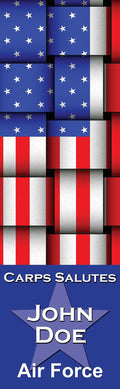 A red, white, and blue military banner with a woven American flag pattern in the background, honoring John Doe for their service in the Air Force. The text reads 