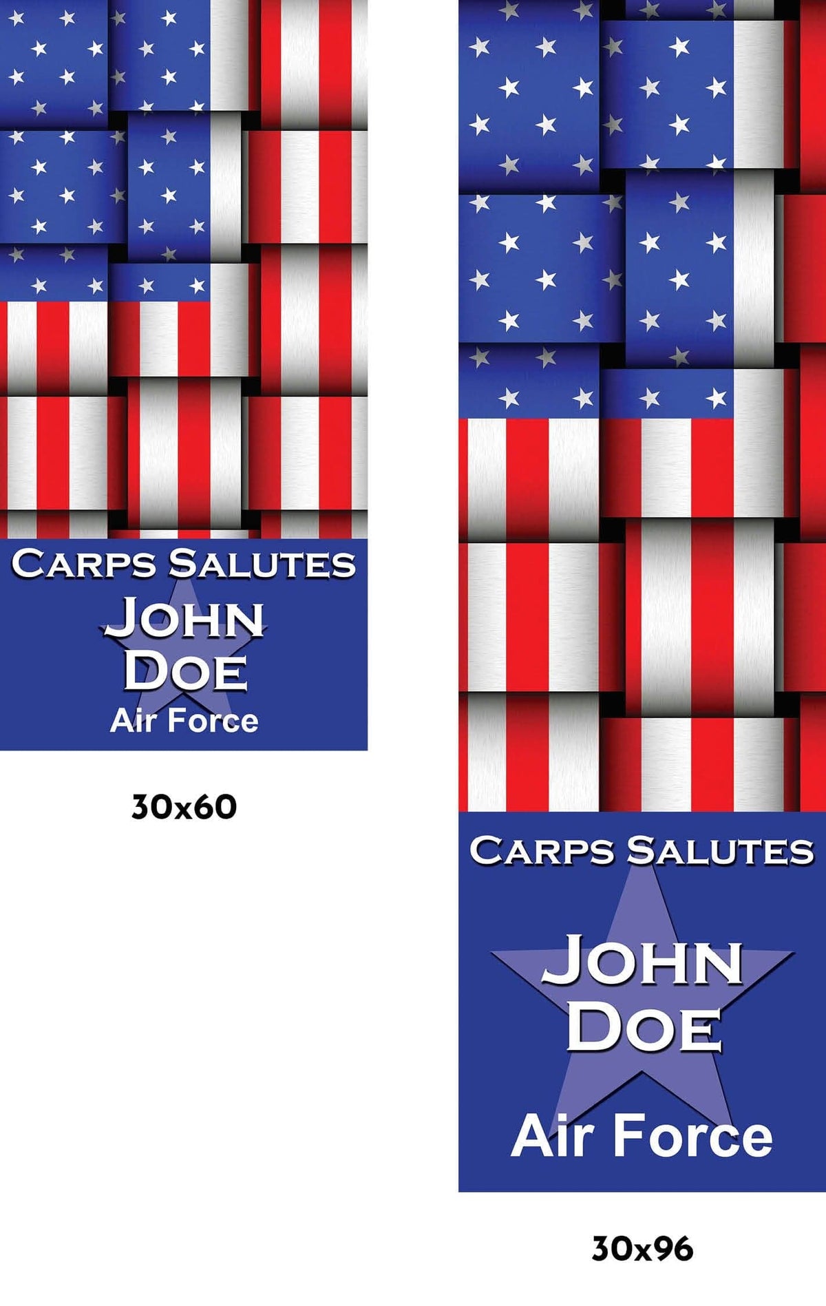 A red, white, and blue military banner with a woven American flag pattern in the background, honoring John Doe for their service in the Air Force. The text reads "CARPS SALUTES JOHN DOE Air Force".