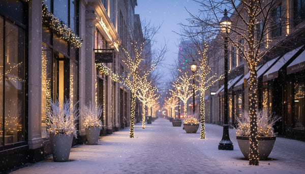 Snowy street lined with decorated trees and buildings in a festive winter setting.
