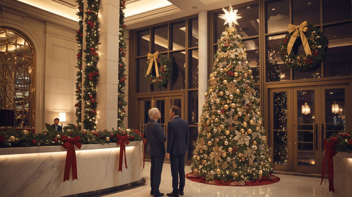 Lobby decorated for Christmas with a large tree and wreaths.