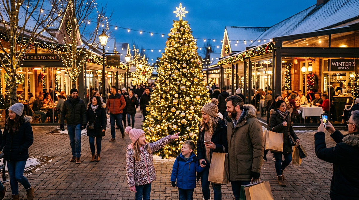People walking around a Christmas market with a large decorated tree and festive lights.