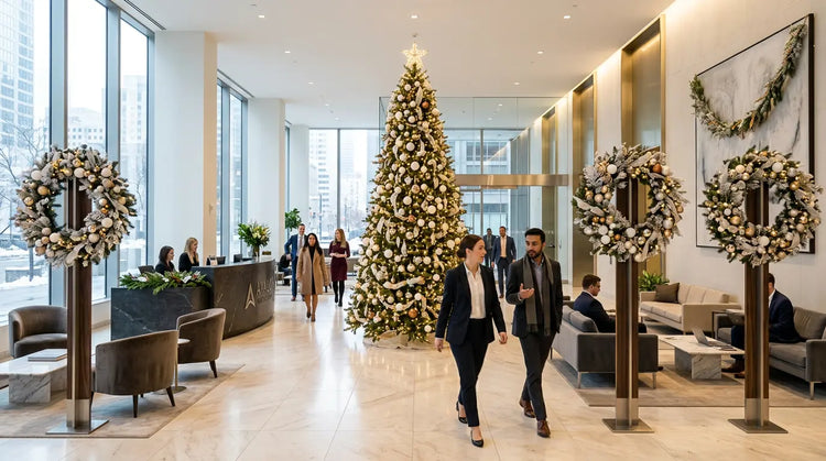 Modern lobby with people walking, Christmas decorations, and large windows.