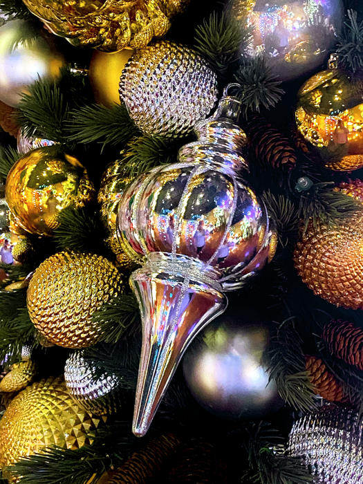 Dekra-Lite Silver Striped Finial Ornament on Tree