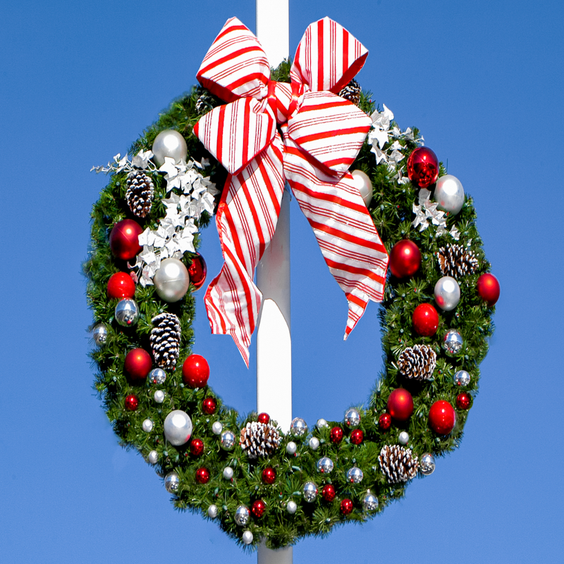 Dekra-Lite 48" Candy Cane Structural Bow on Decorated Wreath on Pole