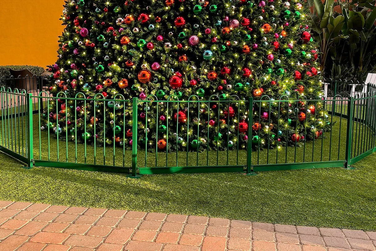 Dekra-Lite Green Metal Holiday Fence around Christmas Tree