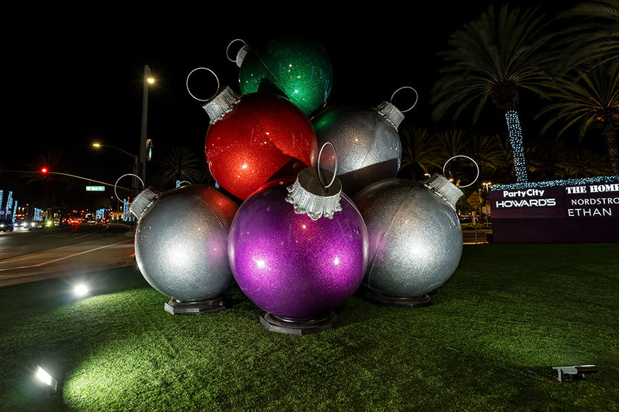 Dekra-Lite RGBW LED Wall Washer on Giant Fiberglass Ornament Stacks 10-ball Night Display Close Up