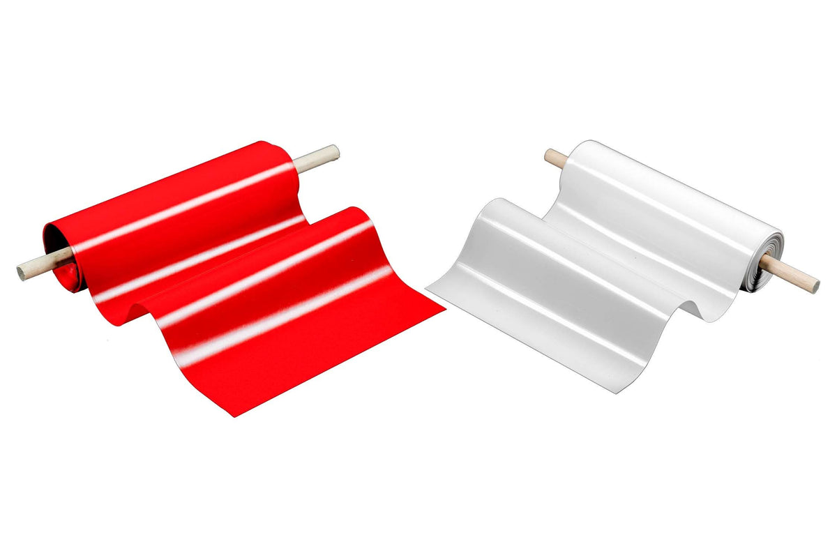 Dekra-Lite Red & White Vinyl Pole Wraps Side by Side