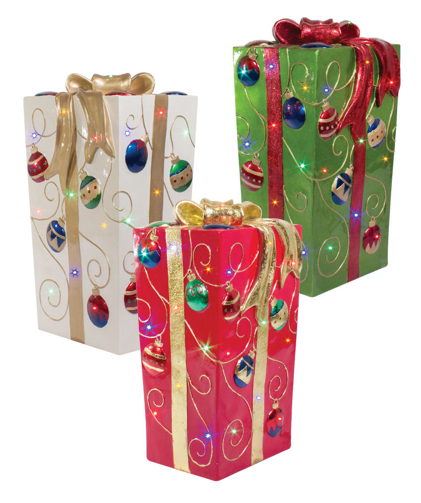 Dekra-Lite Lit Fiberglass Gift Box with Ornament Design