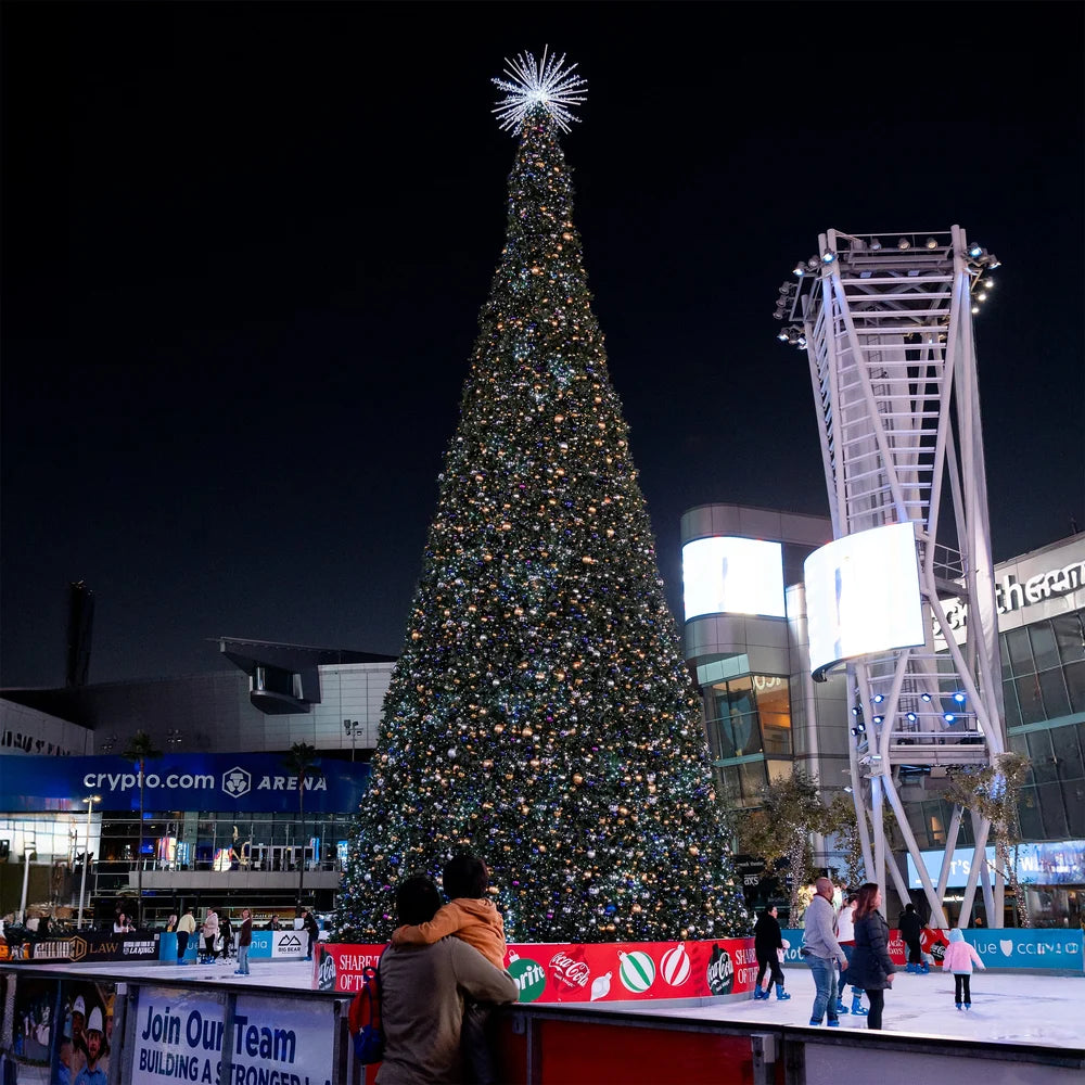 Towering illuminated Christmas tree in an urban plaza at night